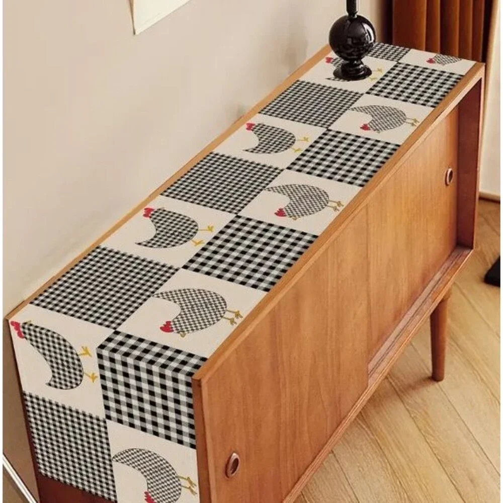 Chicken Table Runner 13x108in Linen Checkered Rustic Farmhouse